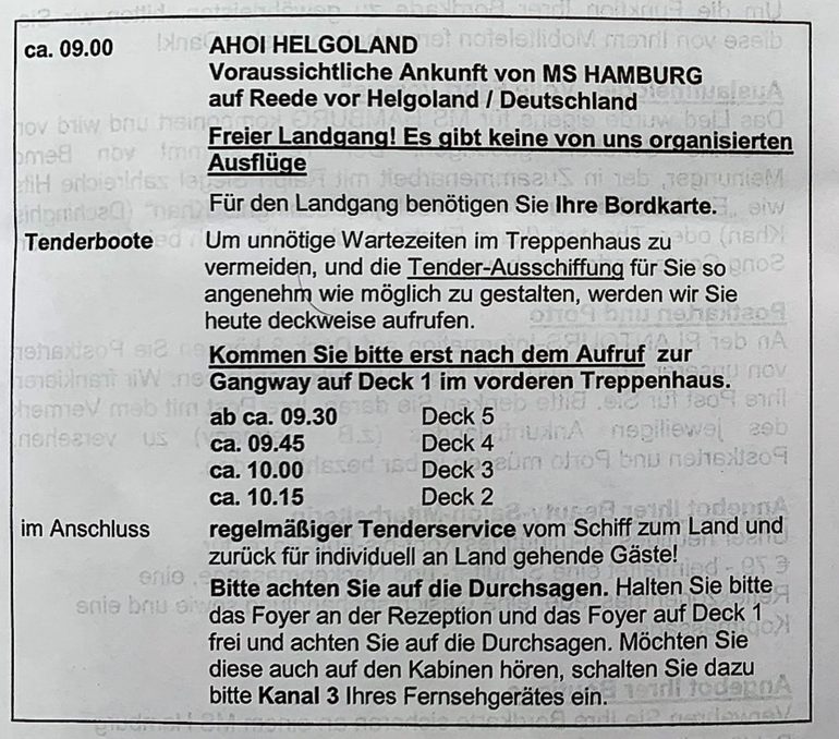 M/S Hamburg päiväohjelmat